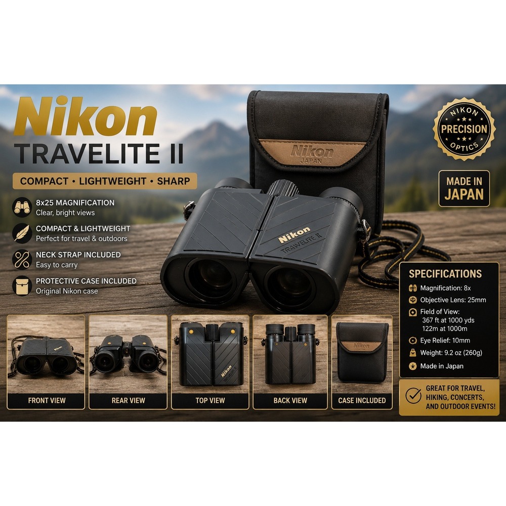 Nikon Travelite II Binoculars Black Compact Vintage with Nikon Japan Case